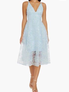 Dress the Population Pale Blue V-Neck Floral Lace Midi Dress